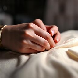 Mani di una sarta che cuce un bordo su un tessuto pregiato.